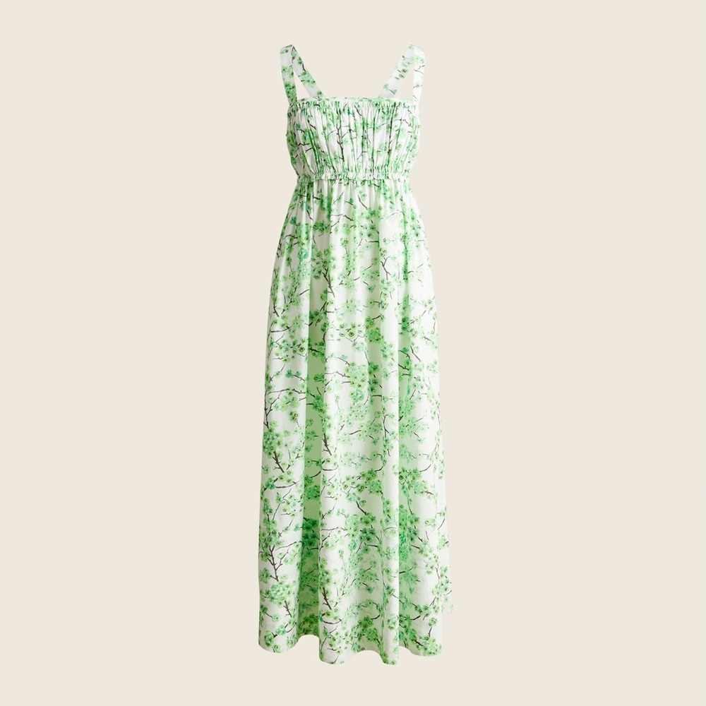 J Crew Gathered Tank Sun Dress, 0, Green Floral Midi